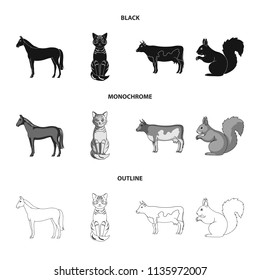 Horse, cow, cat, squirrel and other kinds of animals.Animals set collection icons in black,monochrome,outline style vector symbol stock illustration web.