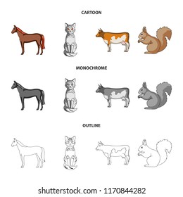 Horse, cow, cat, squirrel and other kinds of animals.Animals set collection icons in cartoon,outline,monochrome style vector symbol stock illustration web.