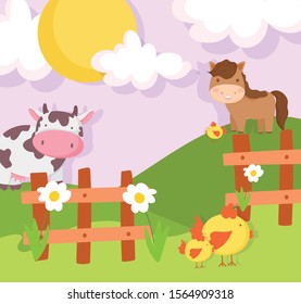 horse cow chickens wooden fence meadow farm animals vector illustration