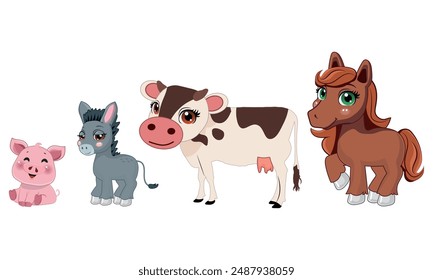 horse, cow, donkey and pig. set of farm animals, vector illustration with isolated background.