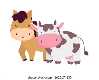horse and cow farm animal cartoon vector illustration