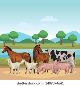 horse cow pig and goat icon cartoon rural landscape vector illustration graphic design