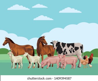 horse cow pig goat rooster hen icon cartoon rural landscape vector illustration graphic design