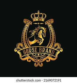 Horse Crest or Emblem Logo. Heraldic logo template. Golden Luxury design concept.