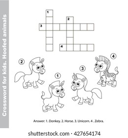 The horse crossword for children. Task and answer. Easy educational kid game. Simple level of difficulty. Colorless version.
