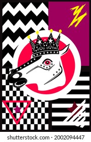 Horse with crown. Pink colorful skull icon, pop art background.