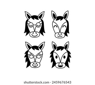 horse cute face animal head happy smile cartoon character vector icon design simple black white illustration collections sets