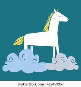 Horse with cute magic yellow mane in clouds on blue background. Cartoon doodle pony with horn. Vector illustration.