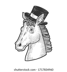 horse in the cylinder hat sketch engraving vector illustration. T-shirt apparel print design. Scratch board imitation. Black and white hand drawn image.