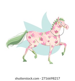 Caballo decorado con Ilustración vectorial de patrón de tulipán. Obra de arte de primavera fresca de temporada perfecta para el diseño de primavera, ilustraciones, papelería, carteles y marca decorativa.