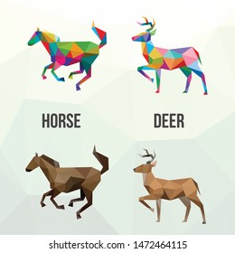 HORSE AND DEER POP ART LOW POLY LOGO ICON SYMBOL SET. TRIANGLE GEOMETRIC POLYGON