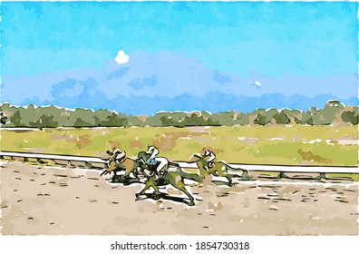 Horse derby racing in Asia. Watercolor painting