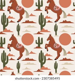 Horse in desert pattern. Wild west seamless texture. Western landscape. Cactus and sun. Cartoon flat style isolated elements. Contemporary print, decor textile, wrapping paper, wallpaper, vector