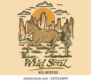 Horse at the desert print design for t shirt. Desert vibes vintage artwork for poster, sticker, apparel and others. Wild soul. Cactus tree.