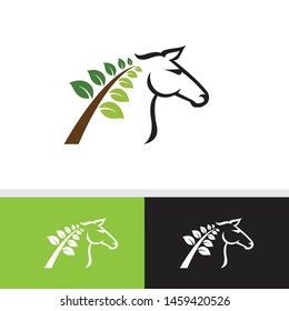 Horse Design Concept Illustration Vector Template with green leaves. Suitable for Creative Industries, Sports, Entertainment, Education, Shops and other related business