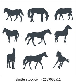 Horse in different poses vector silhouette stock illustration.