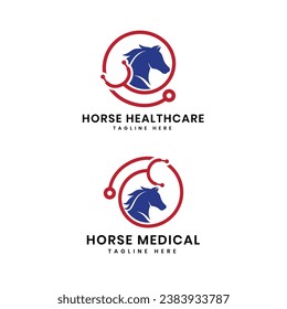 Médico de caballo o logotipo médico de caballo diseño creativo para sanidad animal con caballo y estetoscopio