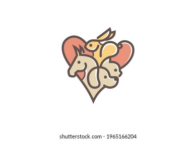 horse and dog and cat and rabbit with heart and mountains behind line art and colorful logo and illustration