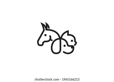 caballo y perro y gato y conejo con corazón y montañas detrás del arte de la línea y colorido logo e ilustración