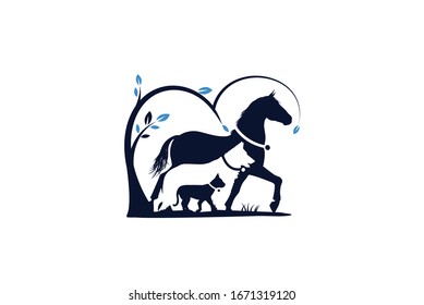 Horse and dog and cat under a tree of love for pet love and care and veterinaries 