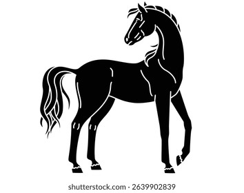 Horse, domestic animal symbol 2026 - vector silhouette image for stencil, logo or pictogram. Mare thoroughbred graceful animal with long tail for print or stencil