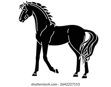 Horse, domestic animal symbol 2026 - vector silhouette image for stencil, logo or pictogram. Mare thoroughbred graceful animal with long tail for print or stencil