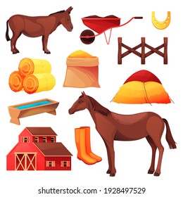 Horse and donkey cattle farm or ranch stable icons