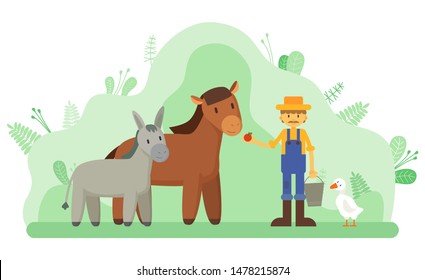 Horse and donkey in park, farmer and livestock, farming vector. Duck and man in overalls and straw hat feeding animal with apple, agriculture and farmland or ranch. Flat cartoon