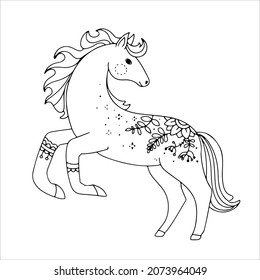 Horse in doodle or boho style. Simple line drawing. Winter vector illustration isolated on white background.