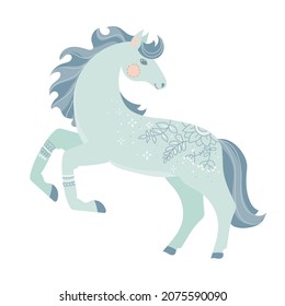 Caballo con doodle o estilo boho. Dibujo de línea simple. Ilustración vectorial de invierno aislada en fondo blanco.