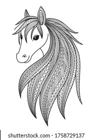 Horse doodle coloring book page. Antistress for adult. Zentangle style. Chinese symbol of the year the horse in the eastern horoscope.