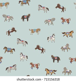 horse doodle illustration collection, vector seamless cartoon animals pattern.