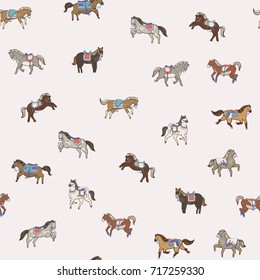  horse doodle illustration collection, vector seamless cartoon animals pattern.