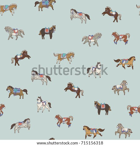 horse doodle illustration collection, vector seamless cartoon animals pattern.