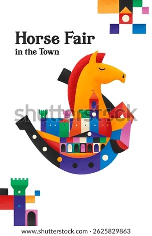 horse drawing in horseshoe circle with medieval city for fair and cultural event