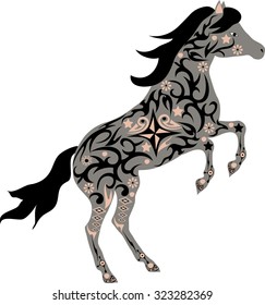 The horse with drawing, a horse illustration, an animal with a pattern, an animal with flowers, a mare reared, the isolated horse,