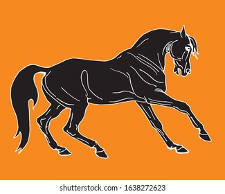 horse, drawing in the style of an ancient Greek black statuette on ceramics, vector isolated image on an orange background. Classical ancient Greek style 