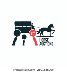 Horse drawn carriage with bidder hands illustration. Horse auctions logo design concept