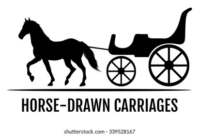 Horse drawn carriage. Black silhouettes of horse and carriage. Vector illustration.