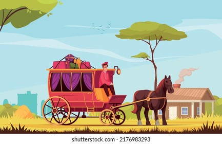 Carruaje de caballos color de fondo rústico con cochero entregando pasajeros y portaequipajes ilustración vectorial