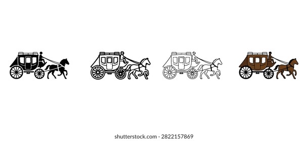 Horse drawn carriages in different colors and line art styles for various design uses transportation travel history