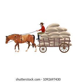 Horse drawn cart with sacks. Vector illustration isolated on white background