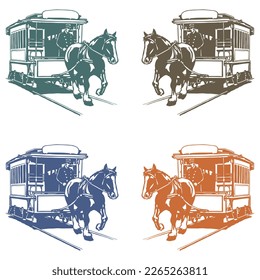 Ilustración del vector de transporte ferroviario de la ciudad de drenaje de caballos. Autobús de la carretilla de caballos
