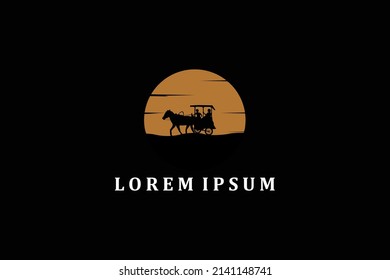 Horse drawn, Cowboy Riding Horse Silhouette at Sunset Sun Moon logo design illustration