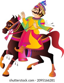 Indian groom on a horse was drawn in Indian folk art, Kalamkari style. for textile printing, logo, wallpaper 