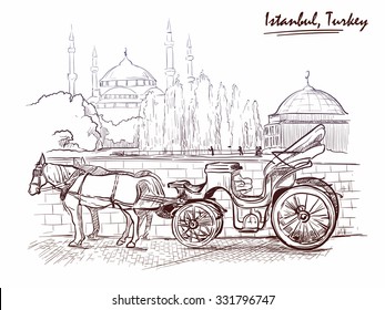 Horse drawn Landau waiting for tourists on the Sultanahmet square. Istanbul, Turkey. Sketch imitating ink pen drawing. EPS10 vector illustration.