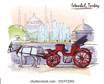 Horse drawn Landau waiting for tourists on the Sultanahmet square. Istanbul, Turkey. Line sketch isolated in a separate layer above traced watercolor background. EPS10 vector illustration.