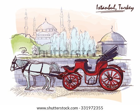 Horse drawn Landau waiting for tourists on the Sultanahmet square. Istanbul, Turkey. Line sketch isolated in a separate layer above traced watercolor background. EPS10 vector illustration.