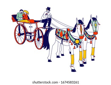 Horse Drawn Touristic Carriages with Young Couple Male Female Characters Sitting inside Enjoying Riding with Cabman. Vintage Historical Transport, Medieval Vehicle. Linear People Vector Illustration