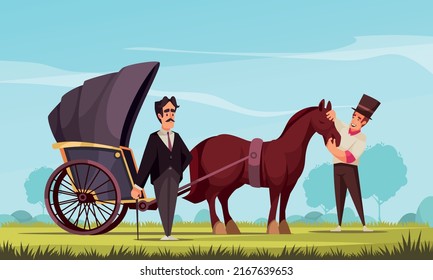 Horse Drawn Vehicle Cartoon Background With Breeder Representing Horse Harnessed In Passenger Buggy To Buyer Vector Illustration